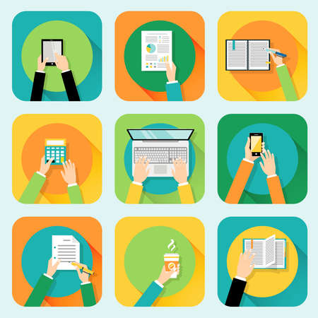 Human hands set holding touching mobile phones computer and office supplies concept vector illustrationのイラスト素材