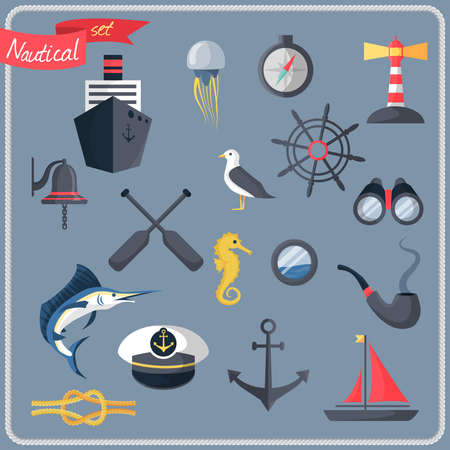Nautical sea travel decorative icons set with compass steering wheel lighthouse vector illustrationのイラスト素材