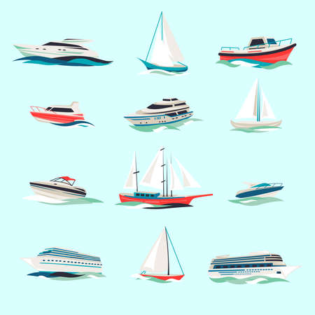 Marine boats cruise sea travel yacht motor vessels flat icons set with jet cutter abstract isolated vector illustrationのイラスト素材
