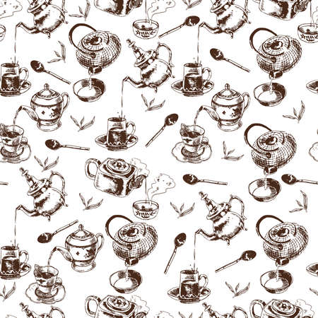 Teapot and cups traditional tea ceremony accessories vintage seamless wrap paper pattern doodle sketch vector illustrationのイラスト素材