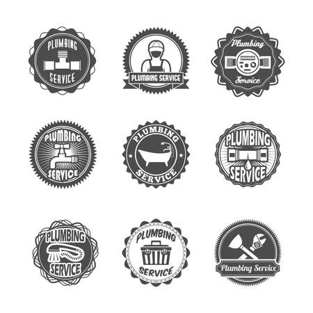 Plumbing service labels with water pipe plumber and tools isolated vector illustrationのイラスト素材