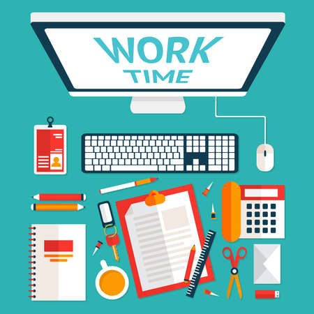 Top view on classic office workplace desk with computer and stationery vector illustrationのイラスト素材