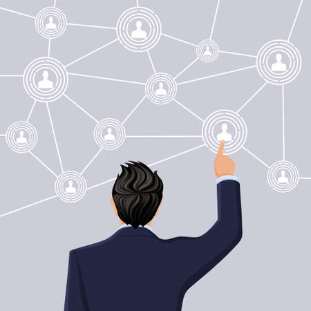 Businessman in suit half length back view hand touch screen social net concept vector illustrationのイラスト素材