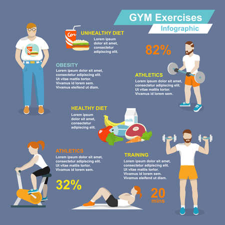 Gym sport exercises fitness and healthy lifestyle infographic set vector illustrationのイラスト素材