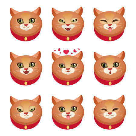 Cute cat face character emotions set decorative icons isolated vector illustrationのイラスト素材