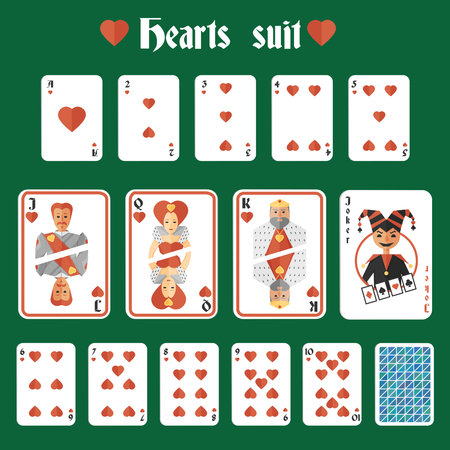 Playing cards hearts red suit set joker and back isolated vector illustrationのイラスト素材
