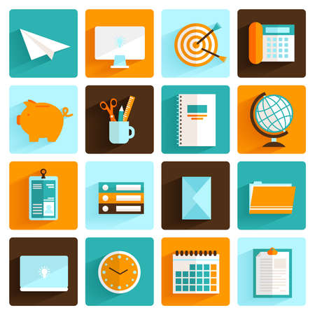 Office desk icons flat set of pass folders clock and stationery isolated vector illustrationのイラスト素材