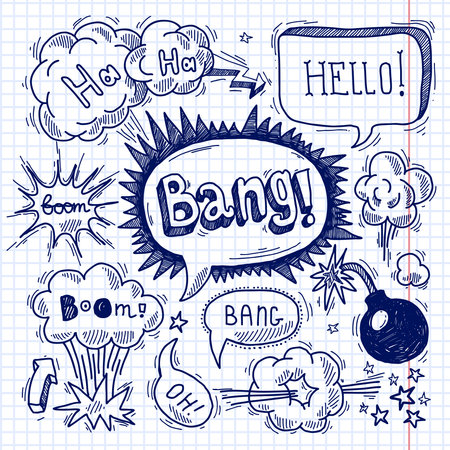 Comic outline blank text speech bubbles on squared background set vector illustrationのイラスト素材