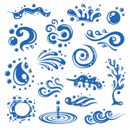 Blue water splashes waves drops blots decorative icons isolated vector illustrationのイラスト素材
