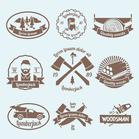 Lumberjack woodcutter labels set with carpentry tools and materials isolated vector illustrationのイラスト素材