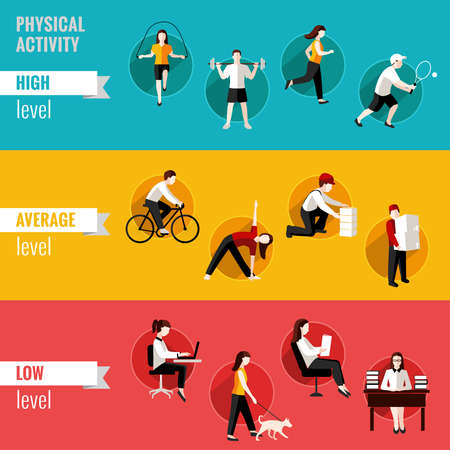 High average and low physical activity level horizontal banners set isolated vector illustrationのイラスト素材