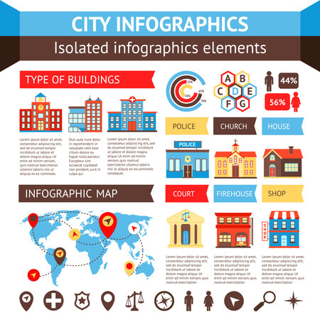 City government building infographic set with charts and world map vector illustrationのイラスト素材