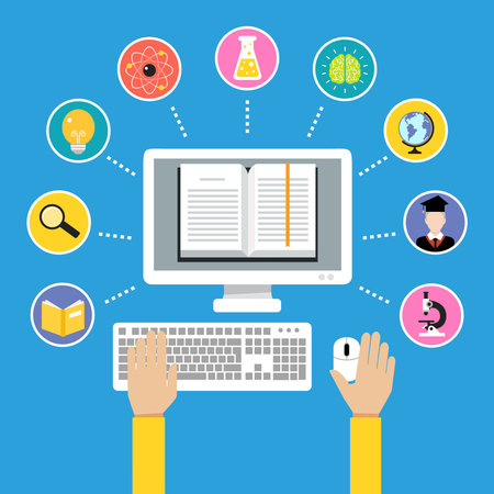 Online education e-learning science concept with human hand and computer book vector illustrationのイラスト素材