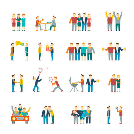 Friends and friendly relationship social team flat icon set isolated vector illustrationのイラスト素材