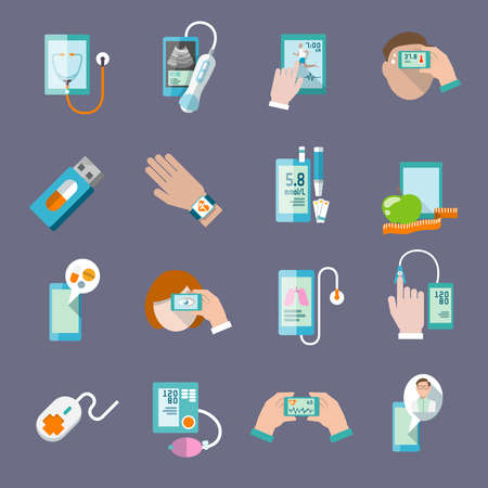 Mobile health online pharmacy computer diagnostics icons flat set isolated vector illustrationのイラスト素材