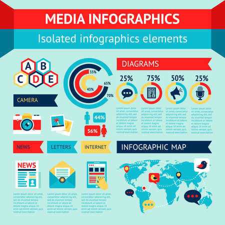 Media news social communication infographics set with charts and world map vector illustration.のイラスト素材
