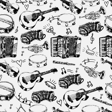 Decorative musical store wrapping paper seamless pattern with classical strings percussion jazz instruments doodle sketches vector illustrationのイラスト素材