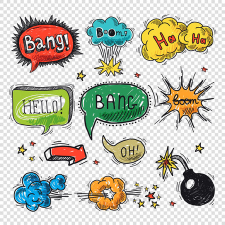 Comic speech bubble hand drawn design element symbol boom splash bomb vector illustration.のイラスト素材