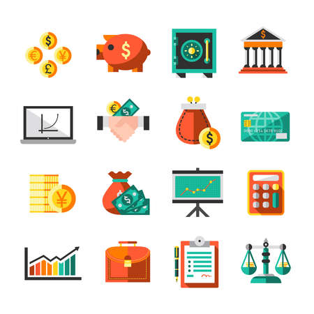 Finance banking business money exchange icons set with briefcase scales chart isolated vector illustrationのイラスト素材