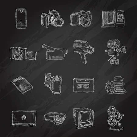 Photo video camera and multimedia entertainment technology chalkboard icons set isolated vector illustrationのイラスト素材