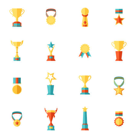 Award icons flat set of trophy medal winner prize champion cup isolated vector illustrationのイラスト素材