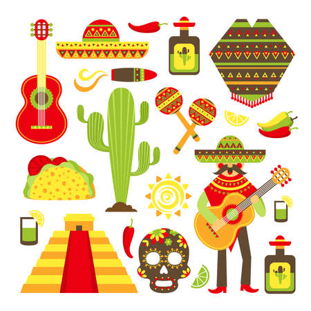 Mexico travel symbols decorative icon set isolated vector illustrationのイラスト素材