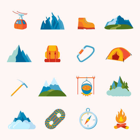 Mountain hiking climbing skiing equipment icons flat set isolated vector illustrationのイラスト素材