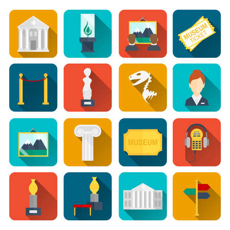 Museum icons flat set of sign canvas barrier isolated vector illustrationのイラスト素材