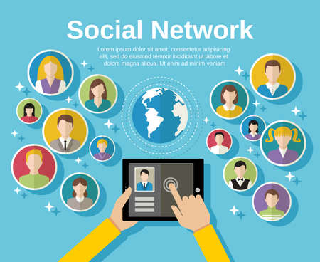 Social media network concept with human hand with tablet avatars and globe on background vector illustrationのイラスト素材