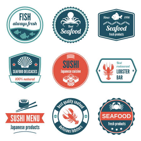 Seafood always fresh fish products delicacies sushi japanese cuisine lobster bar icons set isolated vector illustration.のイラスト素材