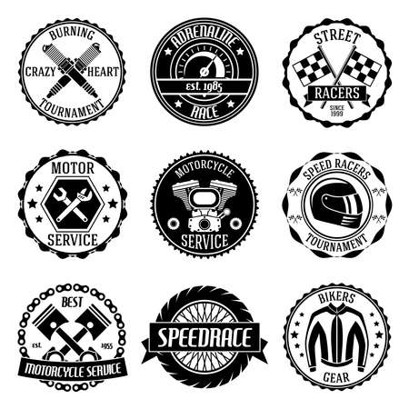 Motorcycle racing tournament motor service emblems black set isolated vector illustrationのイラスト素材