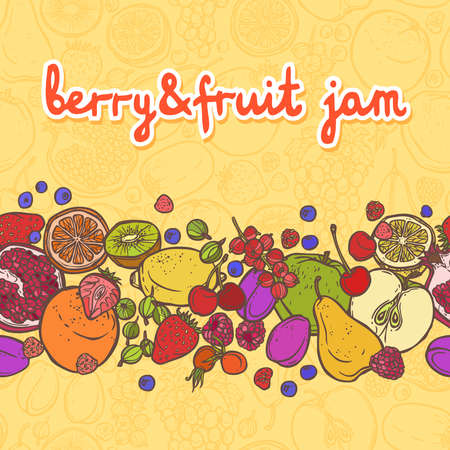 Fresh natural fruit and berries food decorative horizontal border vector illustrationのイラスト素材