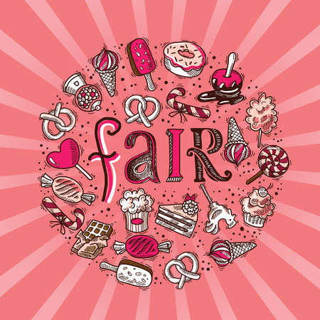 Sweets candies chocolate ice cream sketch icons set in circle shape fair concept vector illustrationのイラスト素材