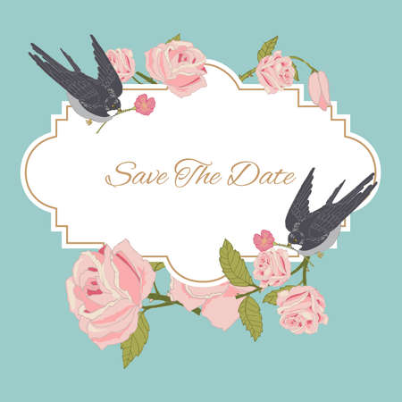 Vintage rose flowers wedding invitation save the date postcard with birds vector illustration.のイラスト素材