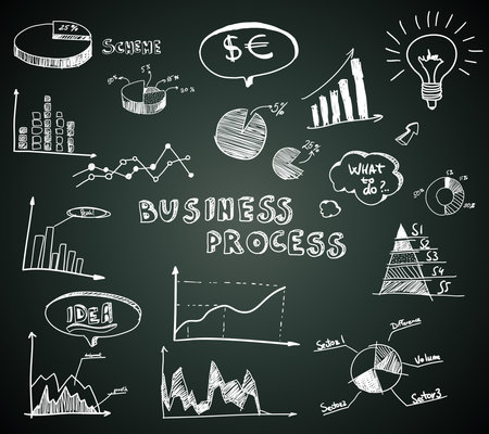 Doodle business diagrams set on blackboard vector illustrationのイラスト素材