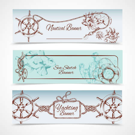 Yachting ocean nautical sketch horizontal banner set with steering wheel fish horse isolated vector illustrationのイラスト素材