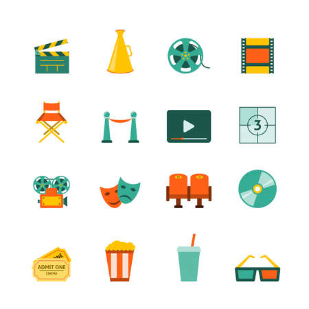Filmmaking movie theater cinema entrance retro tickets and 3d polarized glasses flat icons collection isolated vector illustrationのイラスト素材