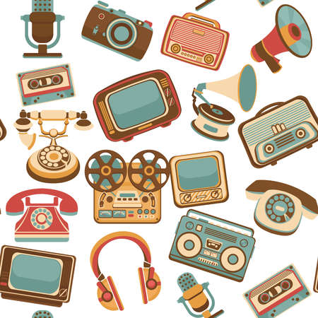 Vintage media gadgets colored seamless pattern with vintage electronic devices vector illustrationのイラスト素材