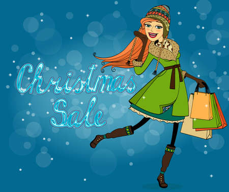 Girl with shopping bags at christmas discounts vector illustrationのイラスト素材