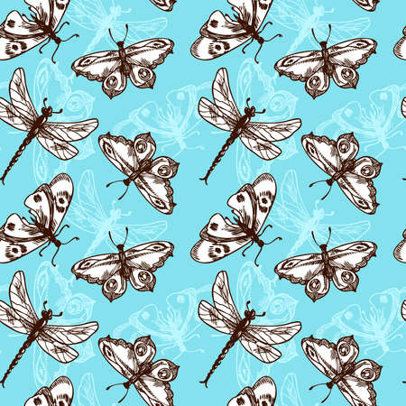 Butterflies and dragonflies insects blue sketch seamless pattern vector illustrationのイラスト素材