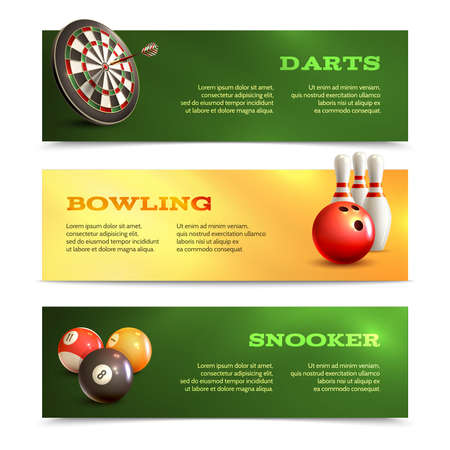 Game realistic horizontal banner set with bowling snooker darts isolated vector illustrationのイラスト素材