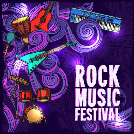 Rock music festival poster with electric guitar drums keyboard instruments vector illustrationのイラスト素材