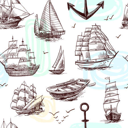 Sailing tall ships frigates brigantine clipper yachts and boat sketch seamless pattern vector illustrationのイラスト素材