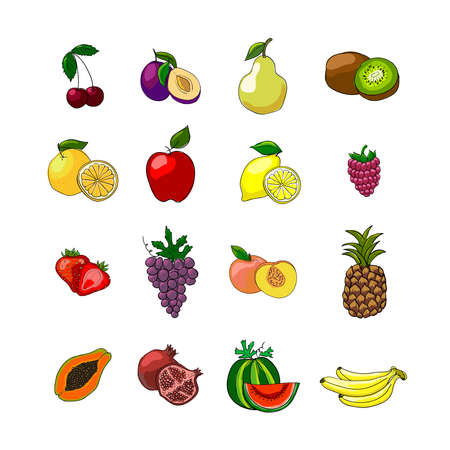 Fruits icons set of orange grape apple strawberry kiwi pineapple cherry and others vector illustrationのイラスト素材