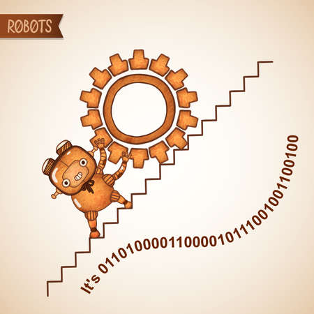 Robot pushing heavy gear upstairs, business concept vector illustrationのイラスト素材