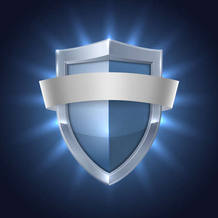 Glowing shield with blank ribbon safety badge on black isolated vector illustrationのイラスト素材