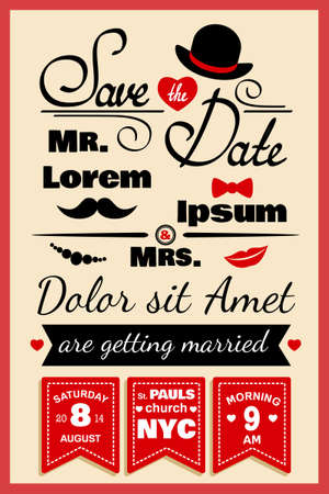 Wedding invitation card or infographics elements in hipster style with hat bow and mustache vector illustrationのイラスト素材