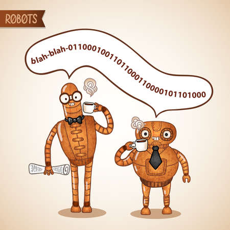 Business coffee break collaboration concept by two retro androids vector illustrationのイラスト素材