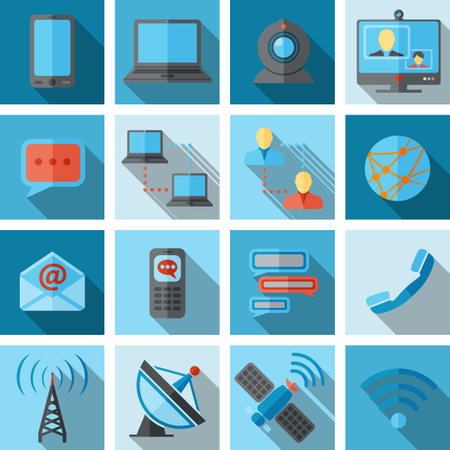 Communication media and social network broadcasting icons flat long shadow set isolated vector illustration.のイラスト素材