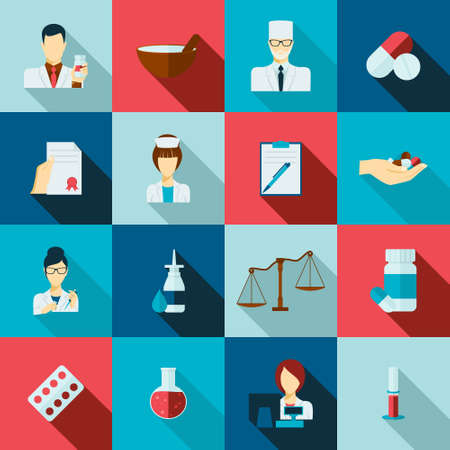 Pharmacy flat long shadow icons set with doctors avatars receipts and laboratory flasks isolated vector illustrationのイラスト素材